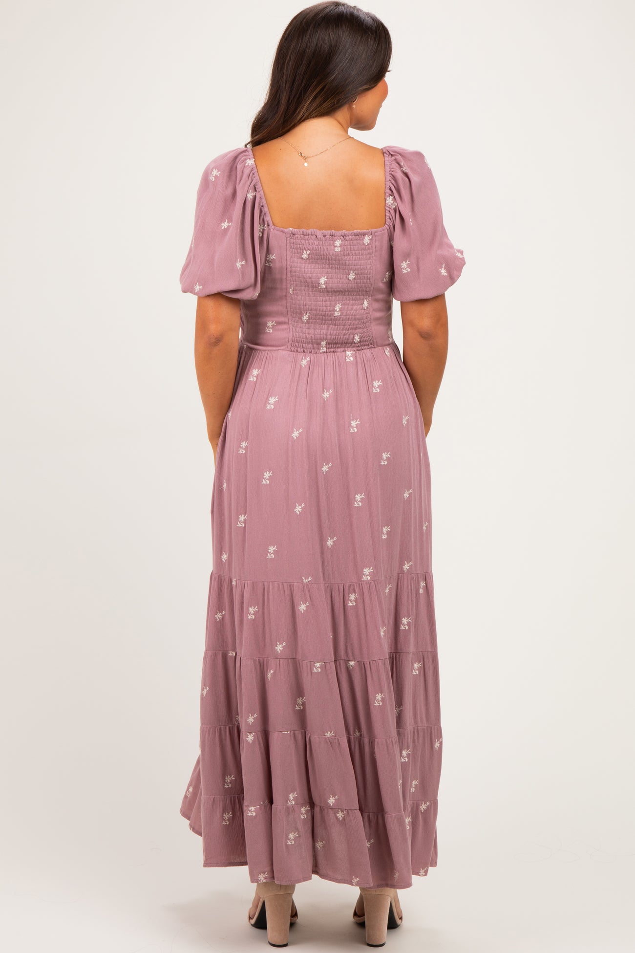 Mauve Embroidered Tiered Maternity Maxi Dress