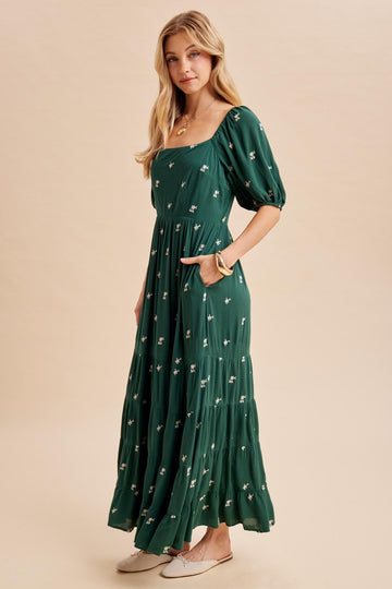 Forest Green Embroidered Tiered Maxi Dress