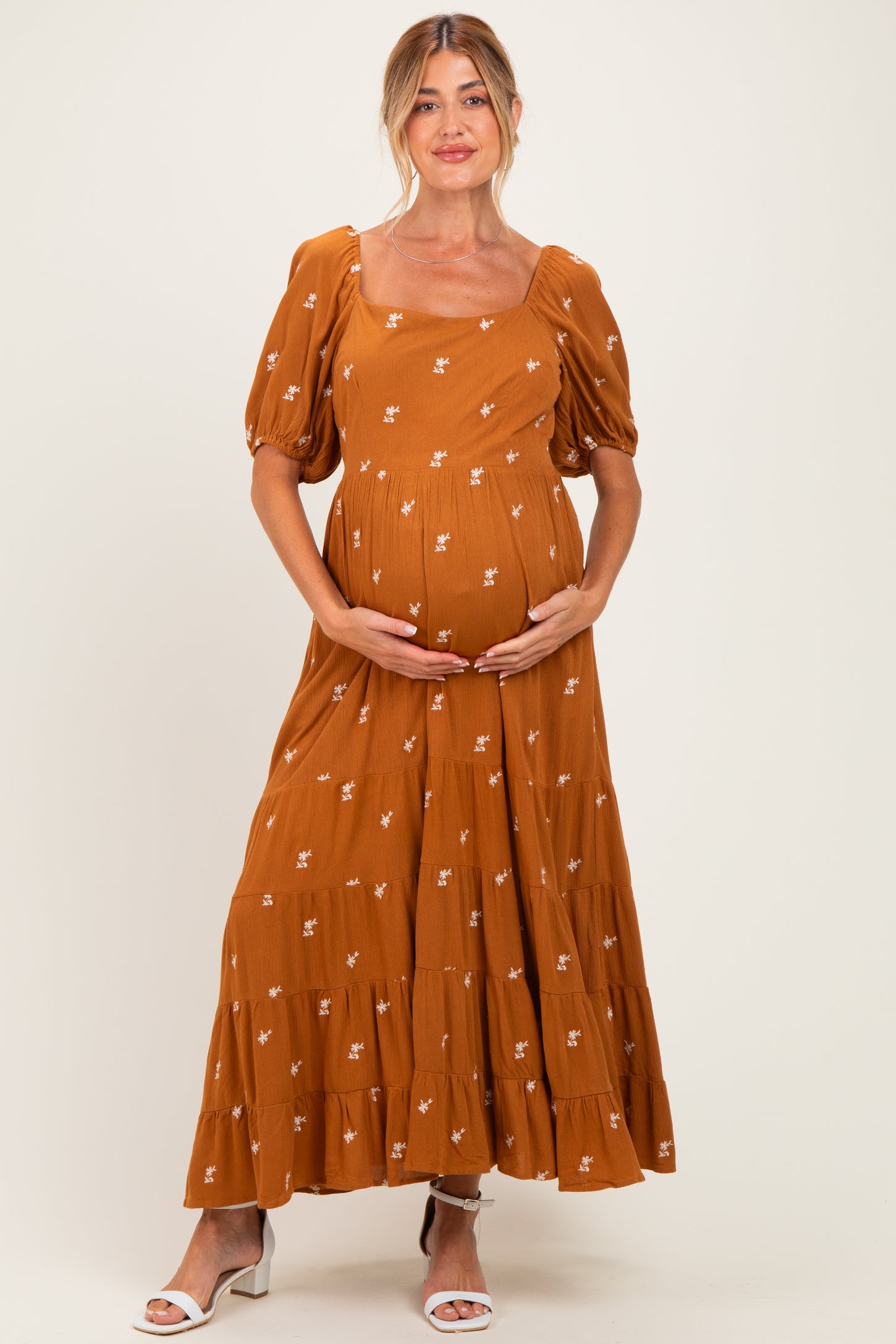 Sepia Embroidered Tiered Maternity Maxi Dress