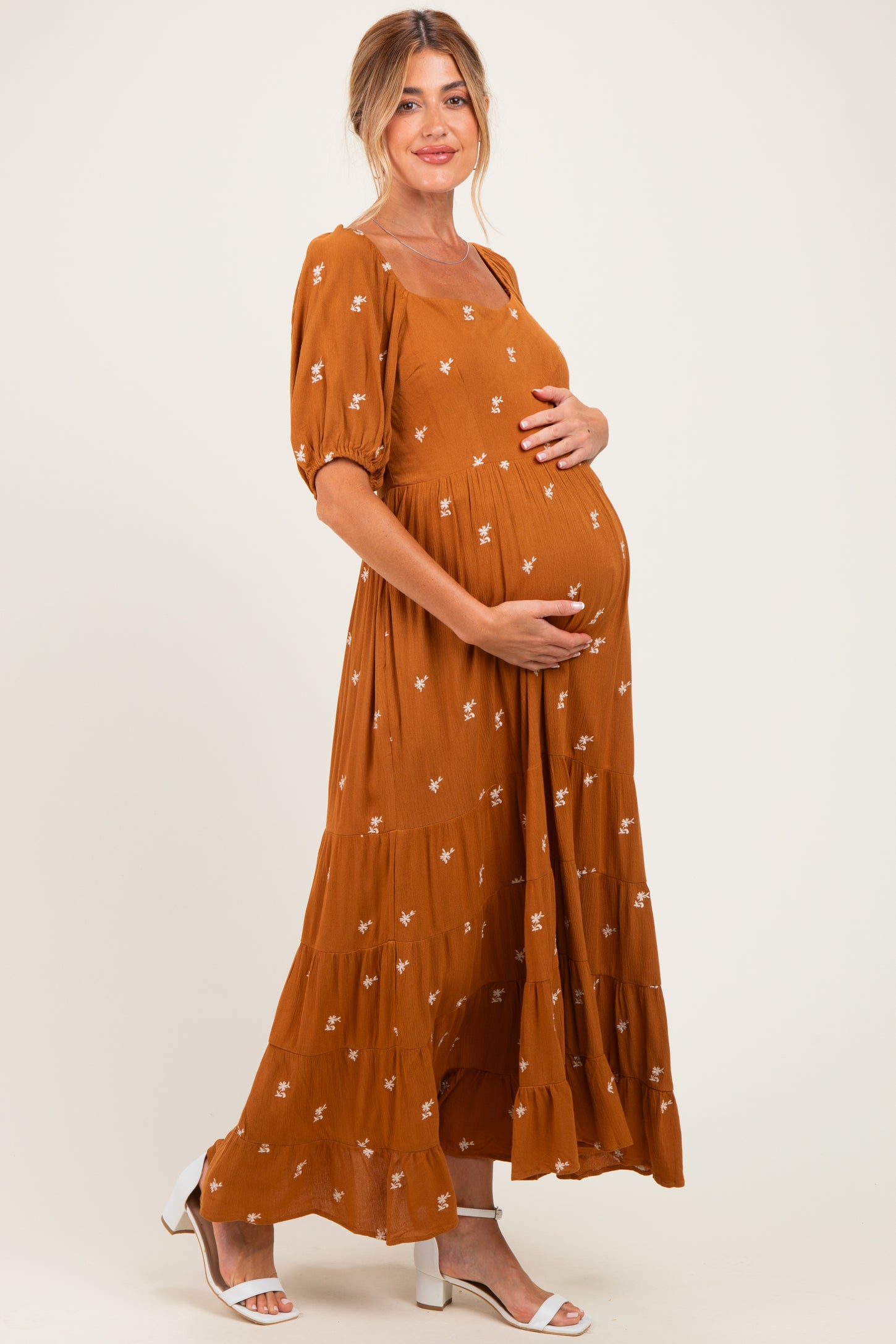 Sepia Embroidered Tiered Maternity Maxi Dress