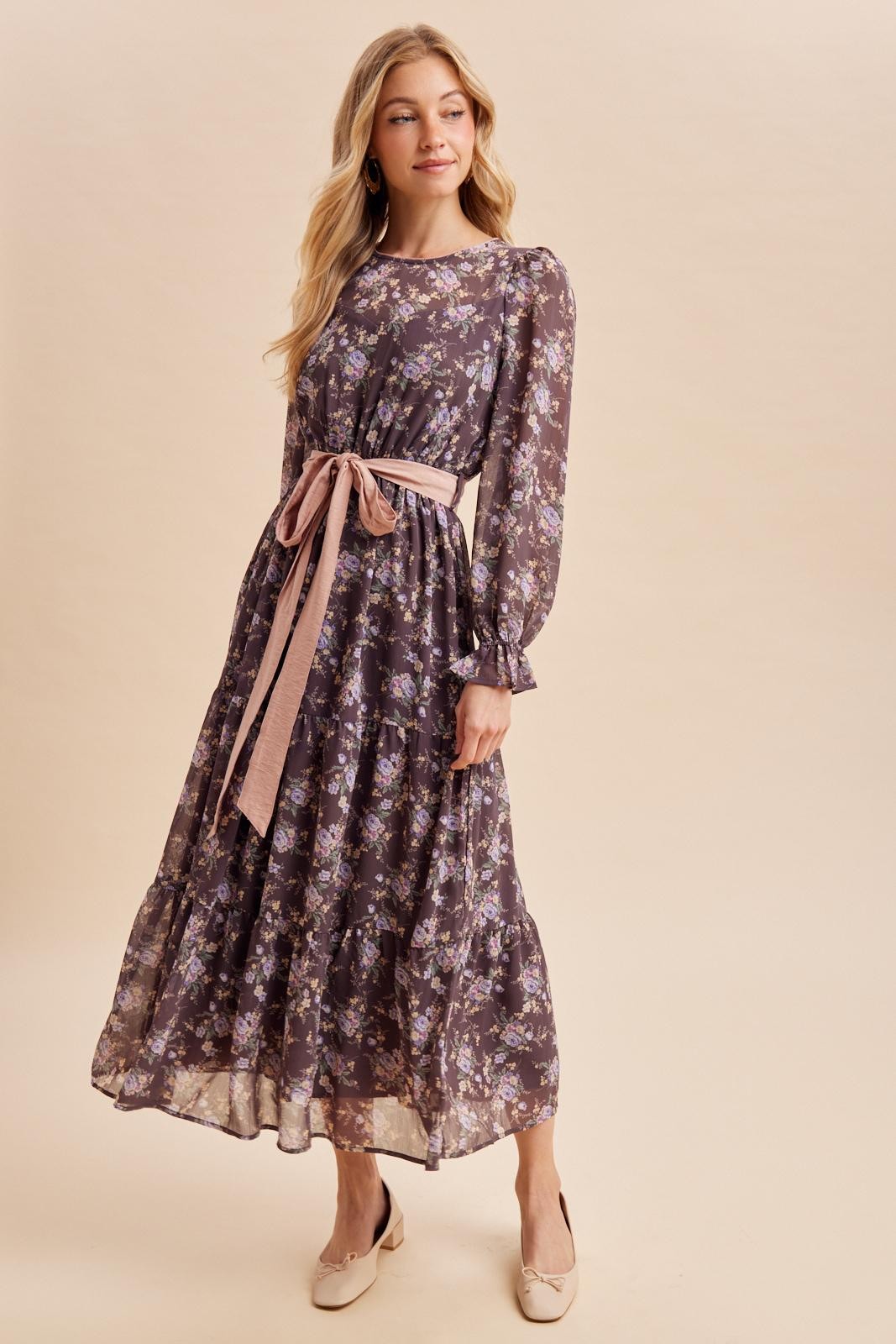 Brown Floral Sash Tiered Maternity Maxi Dress