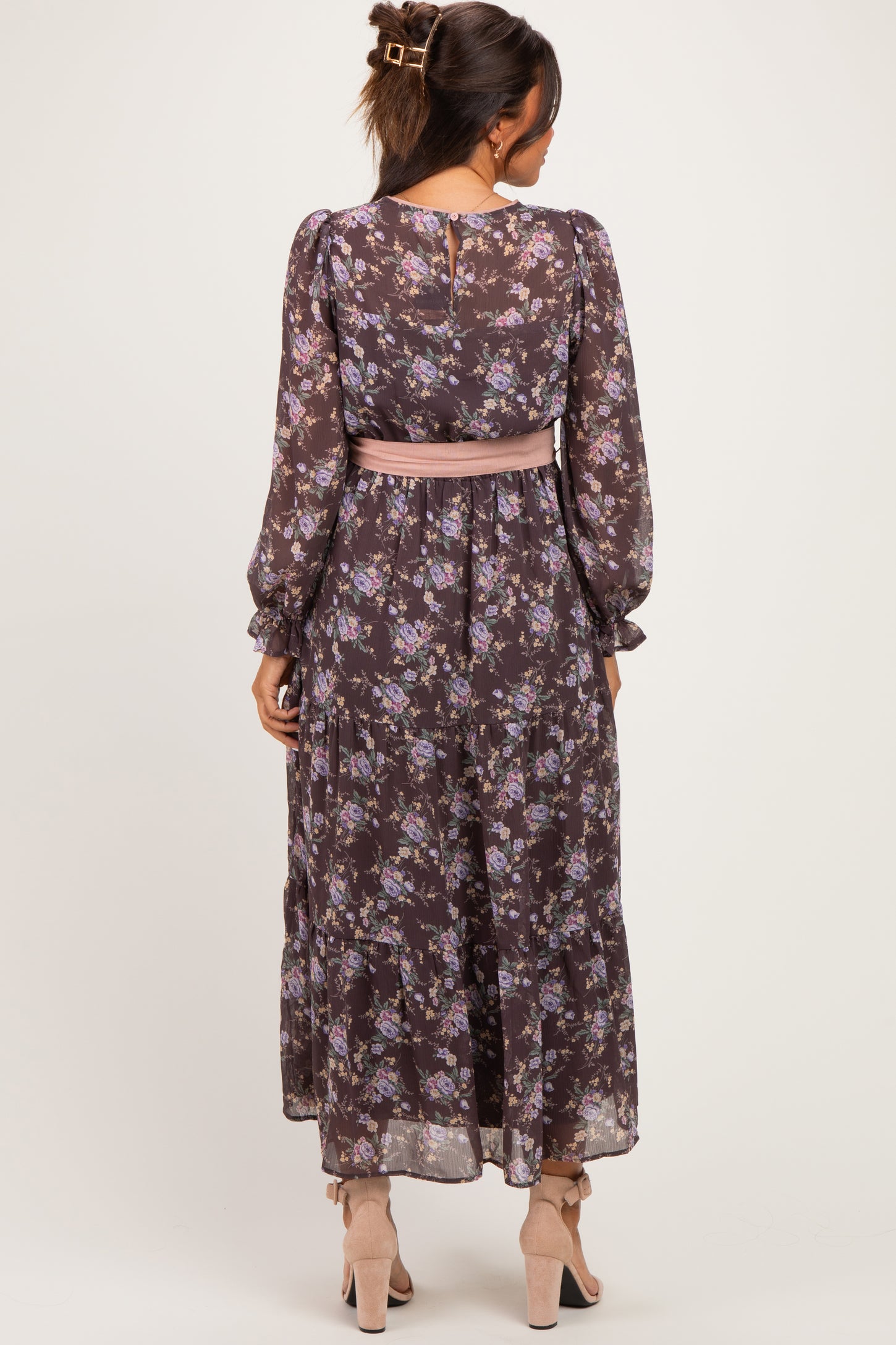 Brown Floral Sash Tiered Maternity Maxi Dress