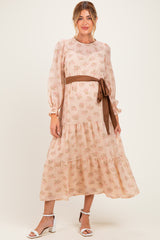 Dusty Peach Floral Sash Tiered Maternity Maxi Dress