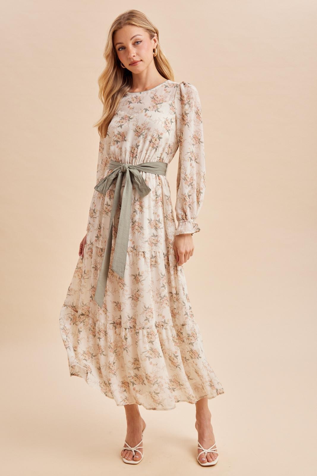 Cloud Floral Sash Tiered Maxi Dress