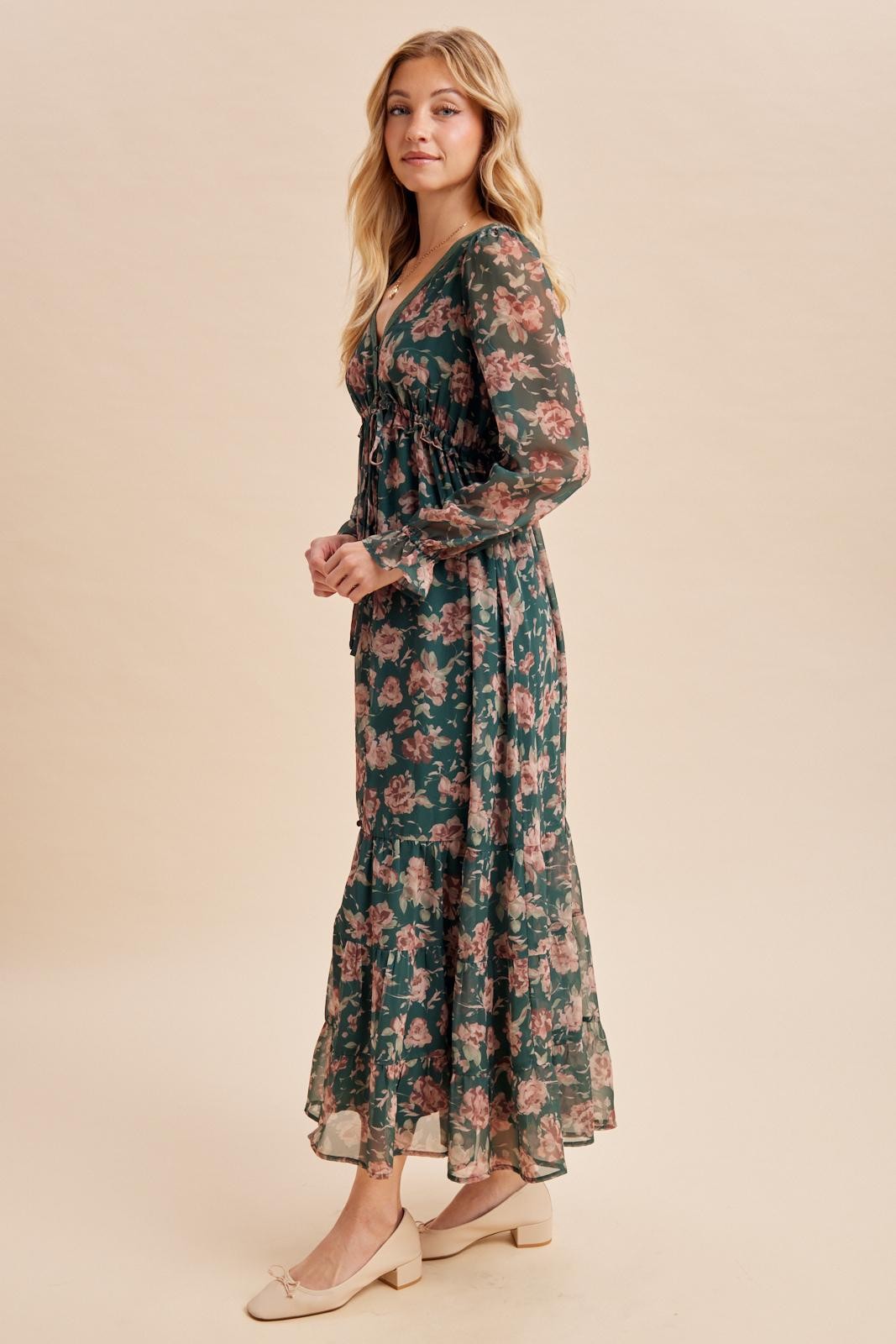Eucalyptus Floral Chiffon Button Down Maxi Dress