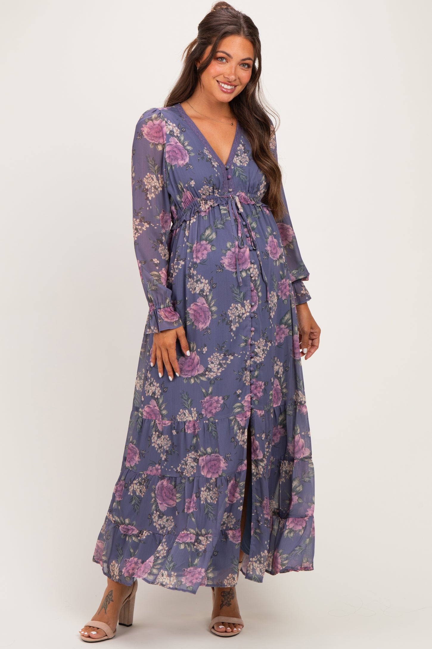 Plum Floral Chiffon Button Down Maternity Maxi Dress