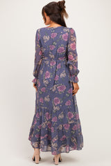 Plum Floral Chiffon Button Down Maternity Maxi Dress