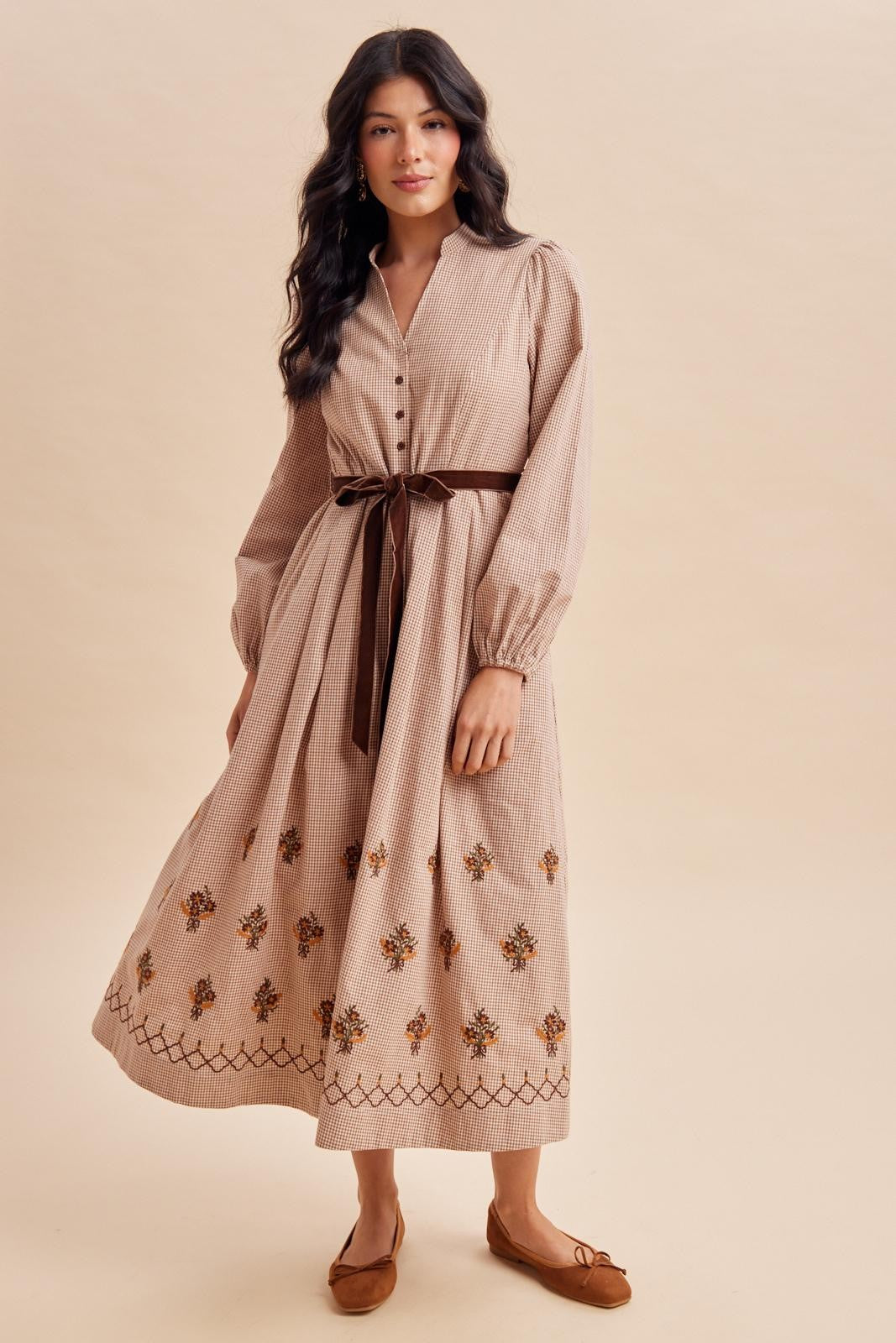 Sepia Button Down Embroidered Plaid Midi Dress