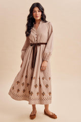 Sepia Button Down Embroidered Plaid Midi Dress