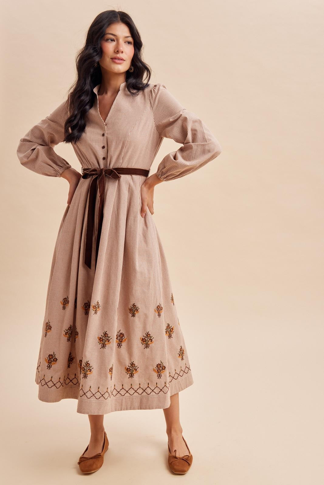 Sepia Button Down Embroidered Plaid Midi Dress