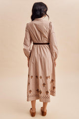 Sepia Button Down Embroidered Plaid Midi Dress
