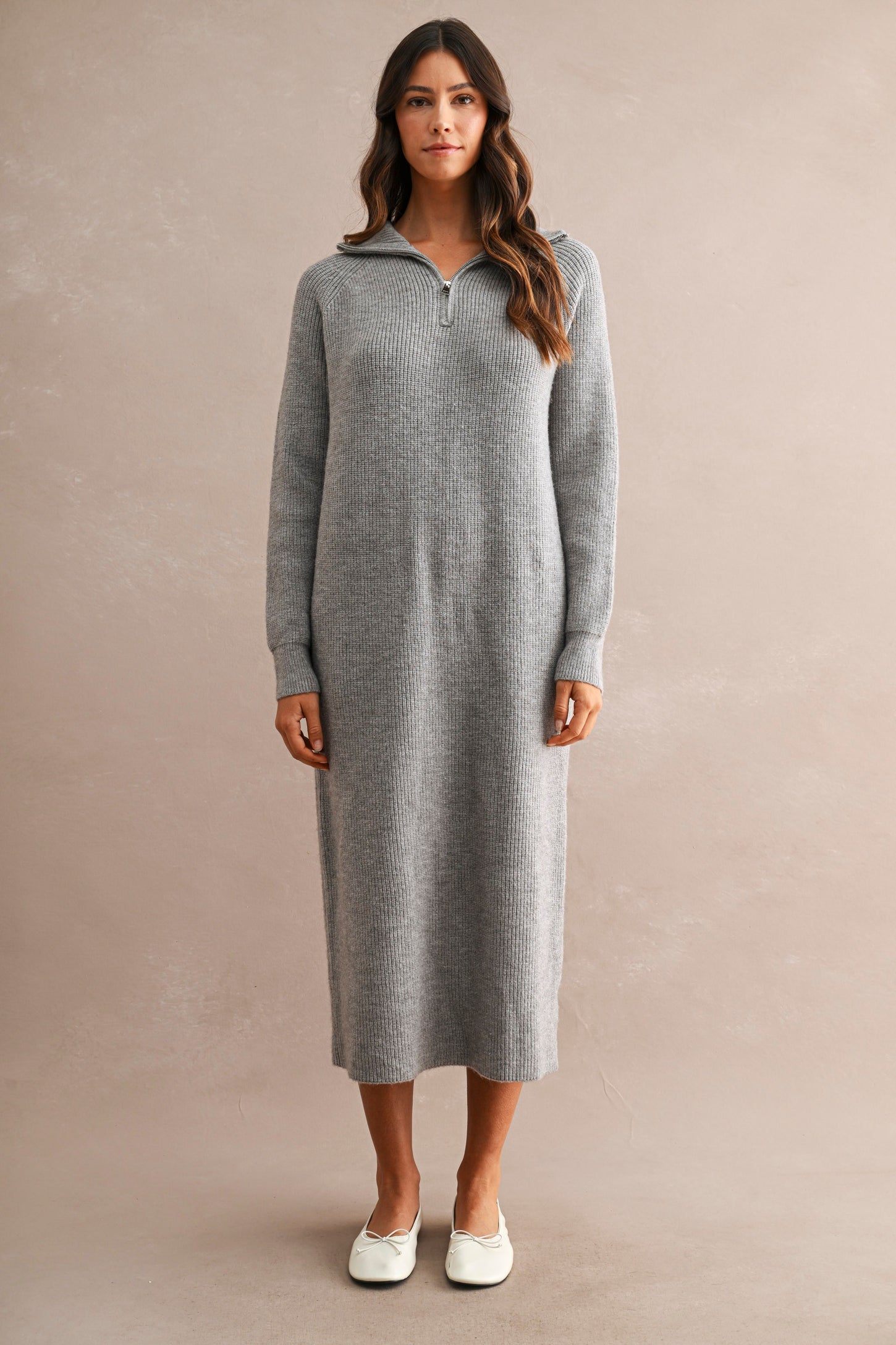 Grey Ribbed Knit Half-Zip Midi Sweater Dress