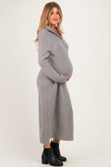 Grey Ribbed Knit Half-Zip Maternity Midi Sweater Dress