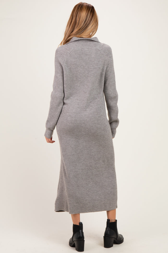 Grey Ribbed Knit Half-Zip Maternity Midi Sweater Dress