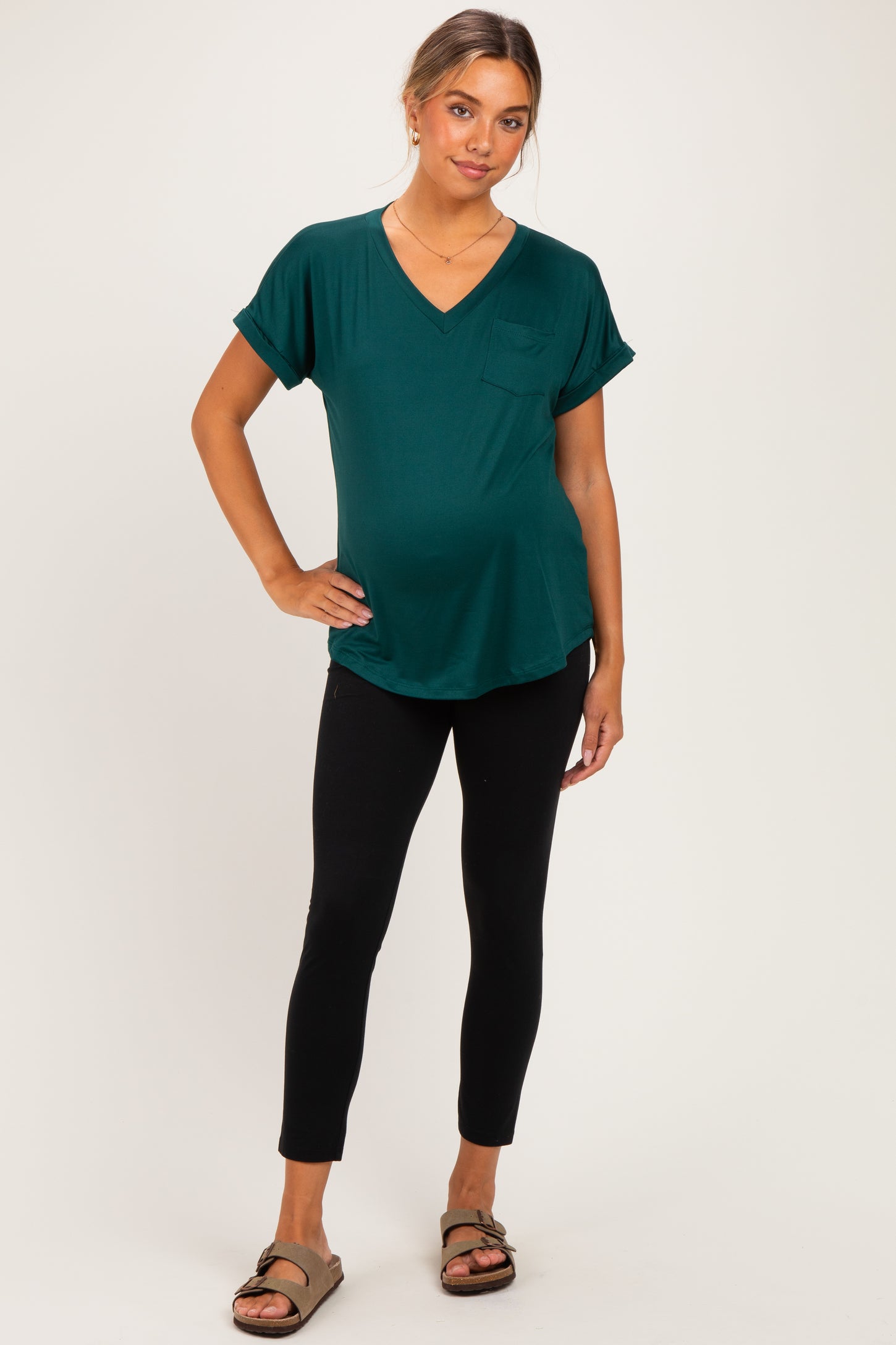 Forest Green V-Neck Pocket Short Sleeve Maternity Shirt