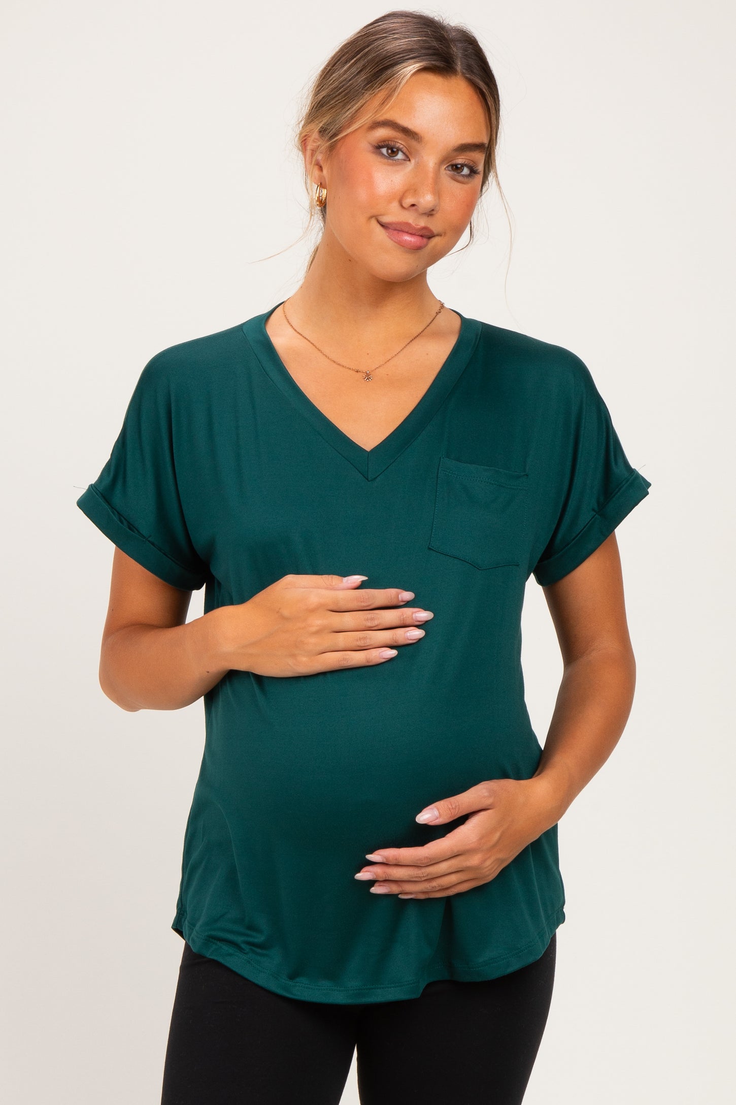 Forest Green V-Neck Pocket Short Sleeve Maternity Shirt