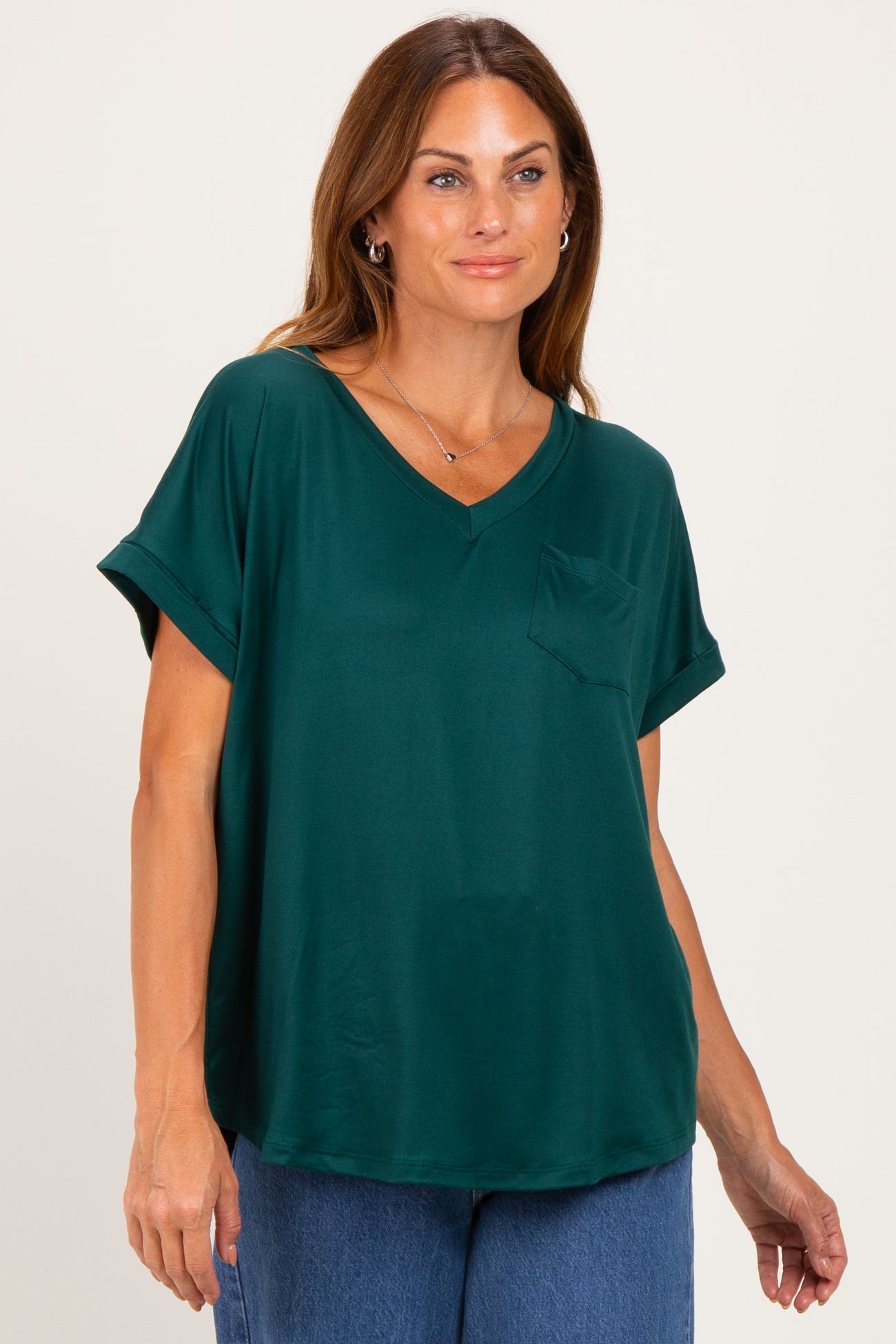 Forest Green V-Neck Pocket Short Sleeve Maternity Shirt