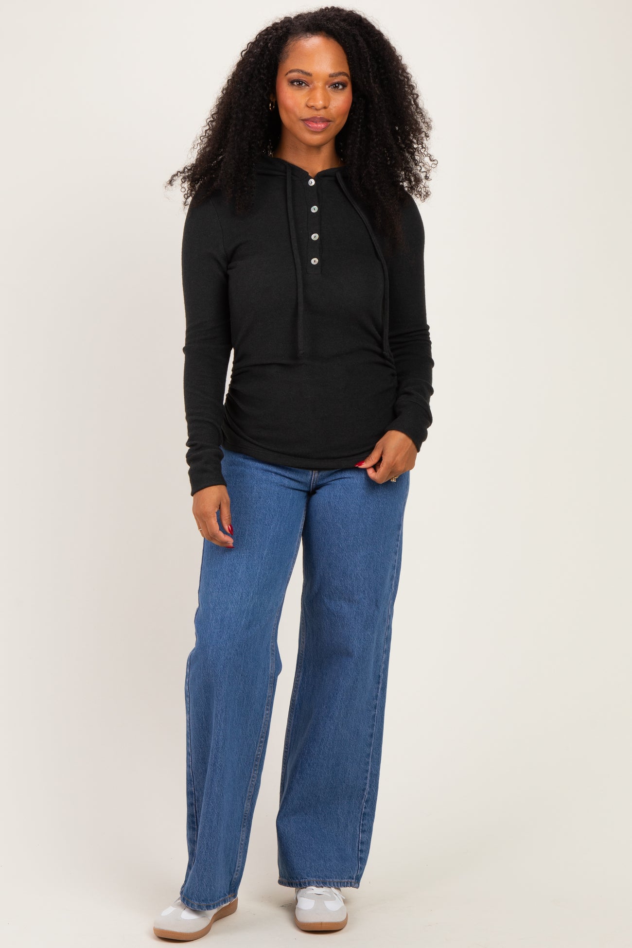 Black Long Sleeve Button Front Long Sleeve Fitted Top