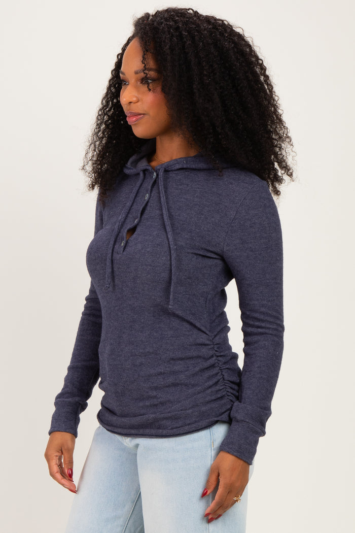Navy Long Sleeve Button Front Long Sleeve Fitted Top