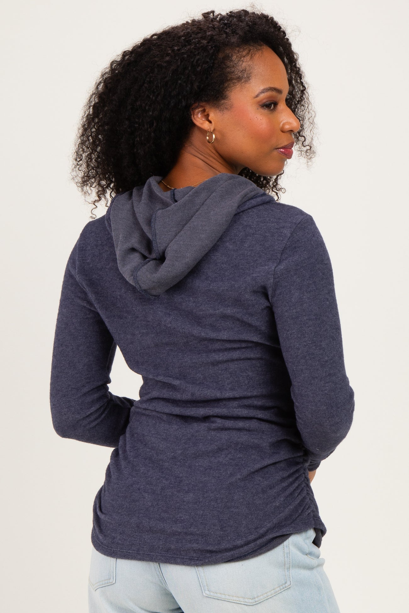 Navy Long Sleeve Button Front Long Sleeve Fitted Top