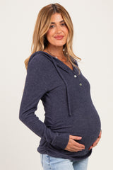 Navy Long Sleeve Button Front Long Sleeve Fitted Maternity Top
