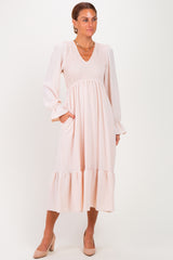 Beige Smocked Top Long Sleeve Ruffle Hem Maternity Midi Dress