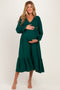 Hunter Green Smocked Top Long Sleeve Ruffle Hem Maternity Midi Dress