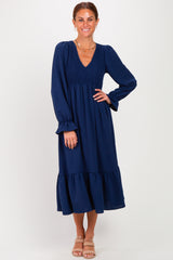 Navy Smocked Top Long Sleeve Ruffle Hem Maternity Midi Dress