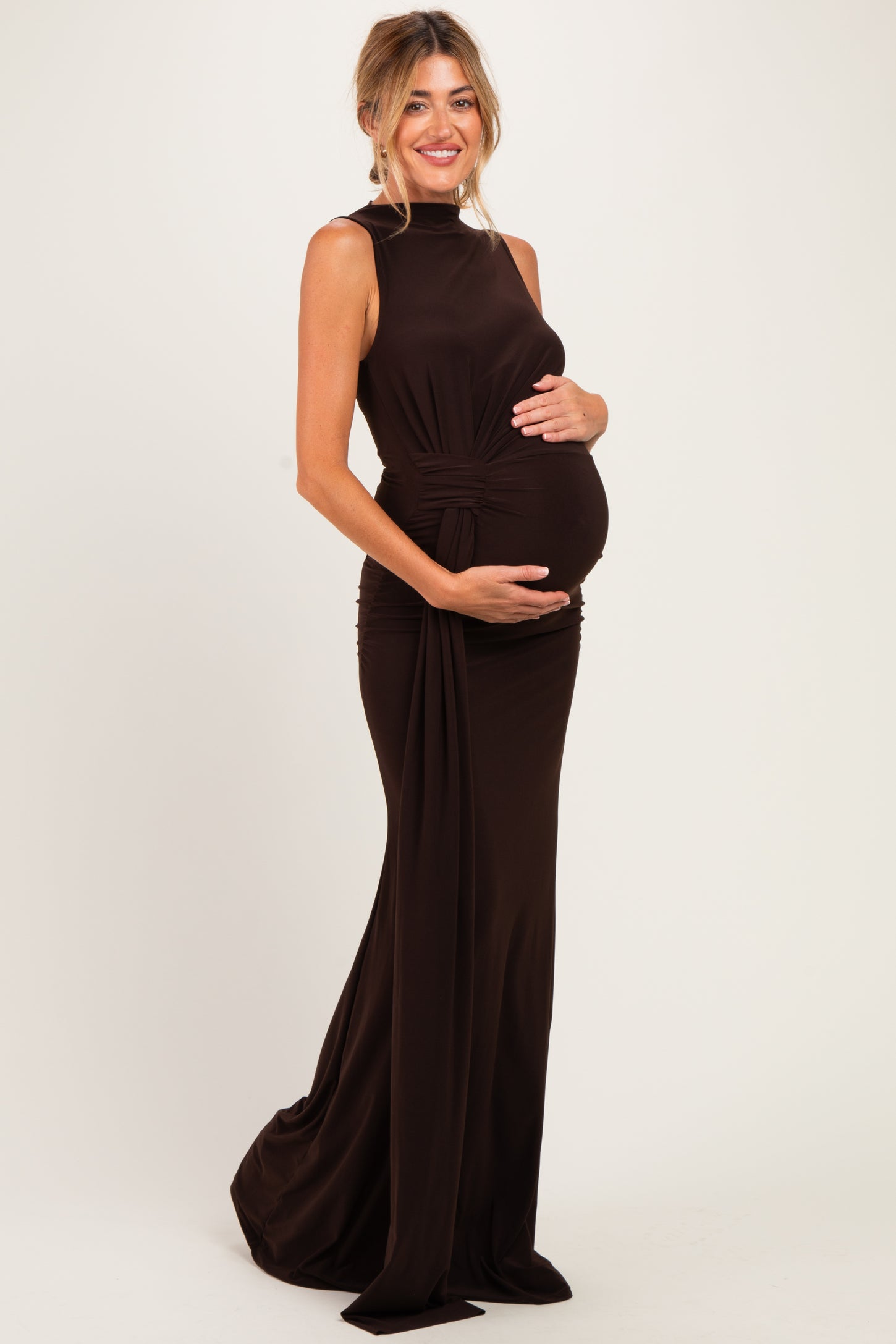 Brown Sleeveless Side Draped Maternity Maxi Dress