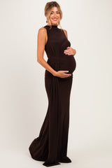 Brown Sleeveless Side Draped Maternity Maxi Dress