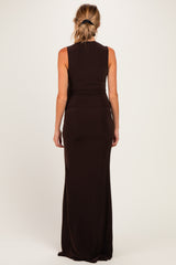 Brown Sleeveless Side Draped Maternity Maxi Dress