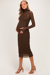 Brown Ribbed Mesh Knit Maternity Midi Dress