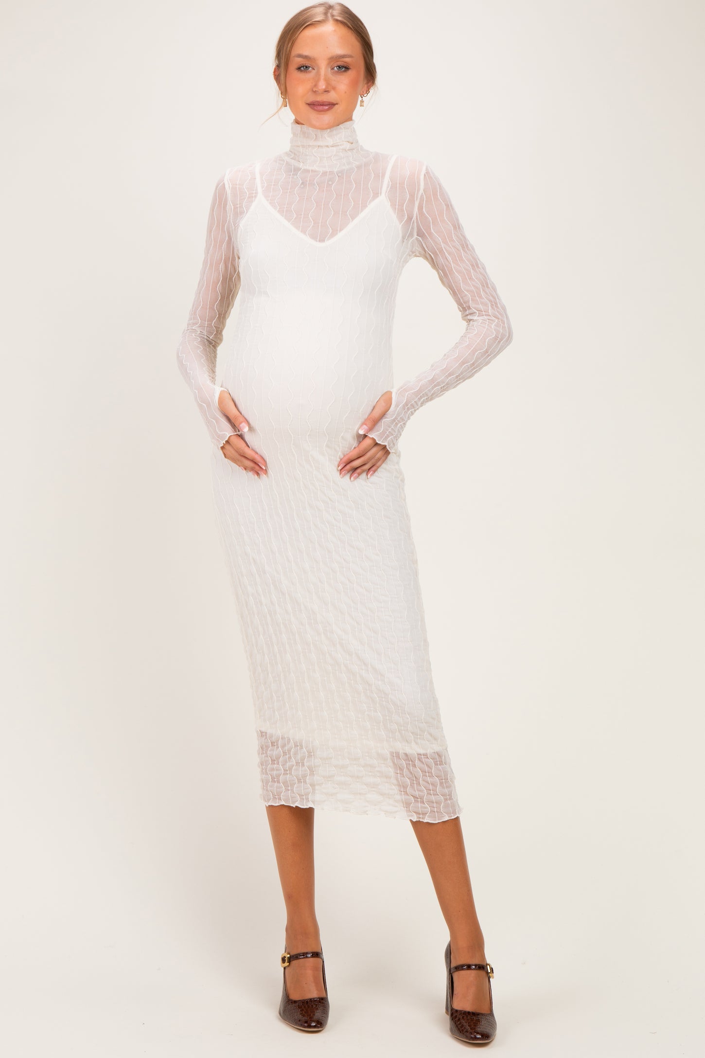 Cream Ribbed Mesh Knit Maternity Midi Dress