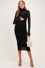 Black Ribbed Mesh Knit Maternity Midi Dress