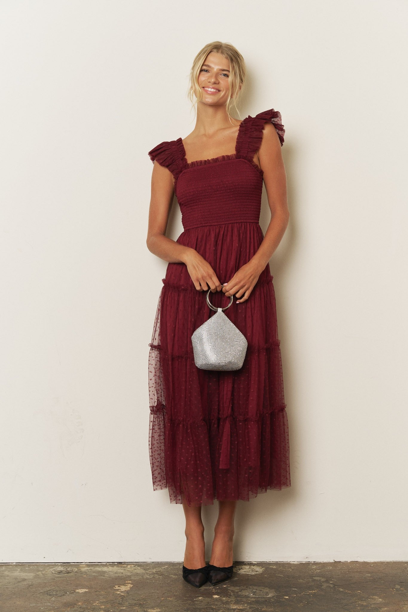 Burgundy Smocked Polka Dot Tulle Midi Dress