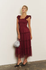 Burgundy Smocked Polka Dot Tulle Midi Dress