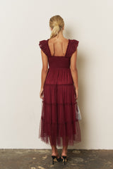 Burgundy Smocked Polka Dot Tulle Midi Dress