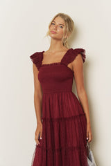 Burgundy Smocked Polka Dot Tulle Midi Dress