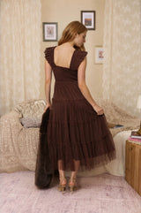 Brown Smocked Polka Dot Tulle Midi Dress
