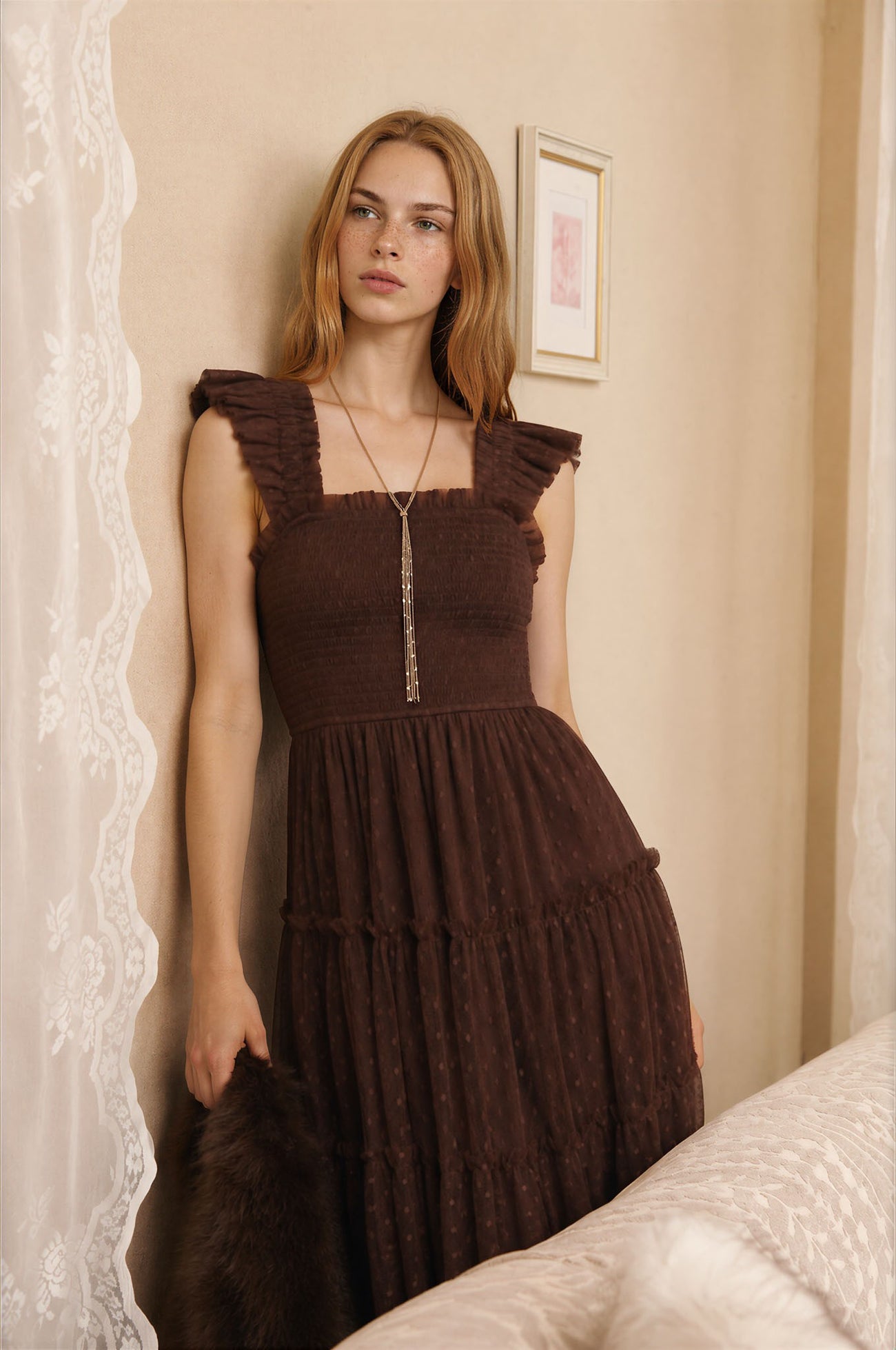Brown Smocked Polka Dot Tulle Midi Dress