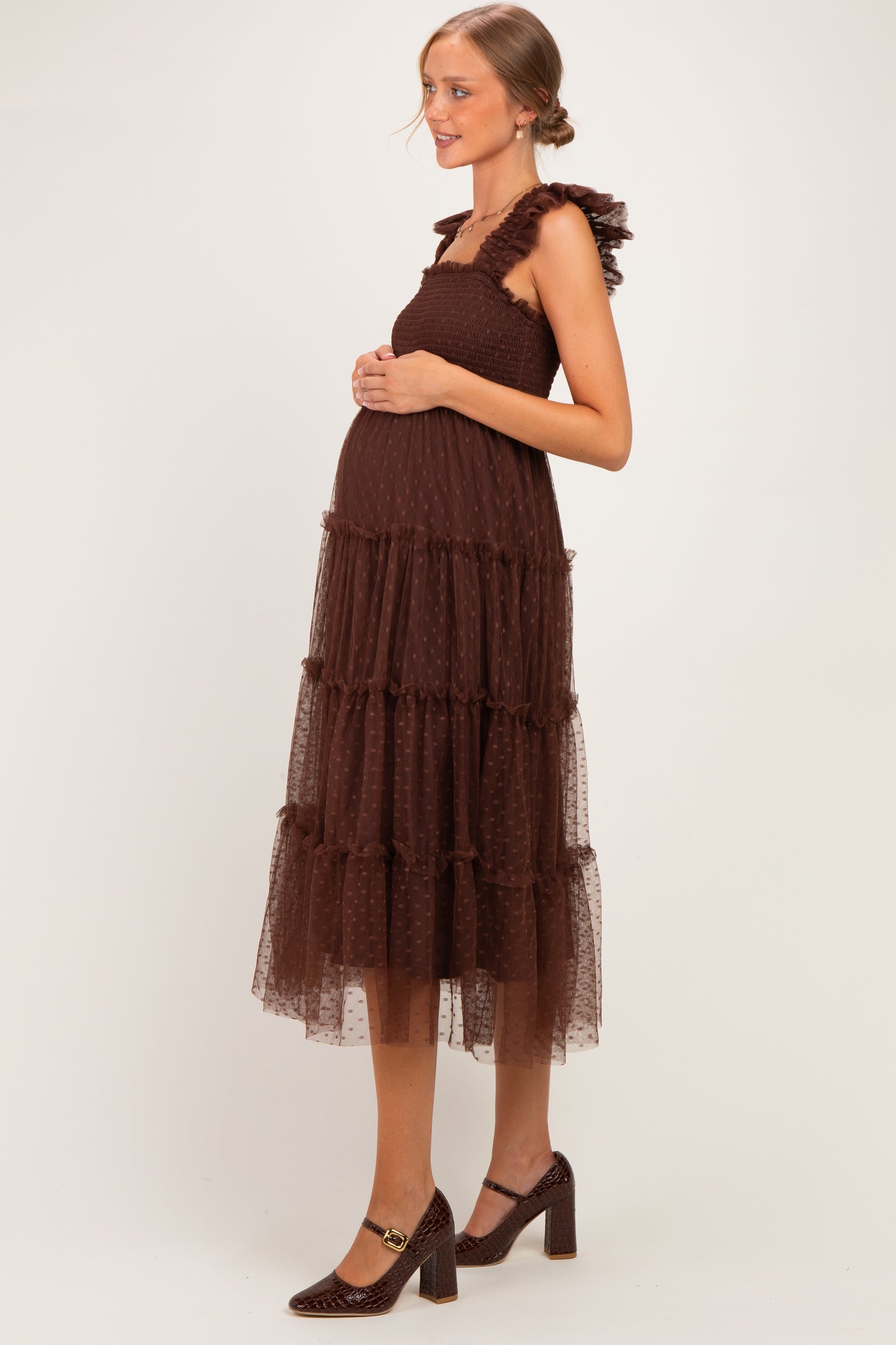 Brown Smocked Polka Dot Tulle Maternity Midi Dress