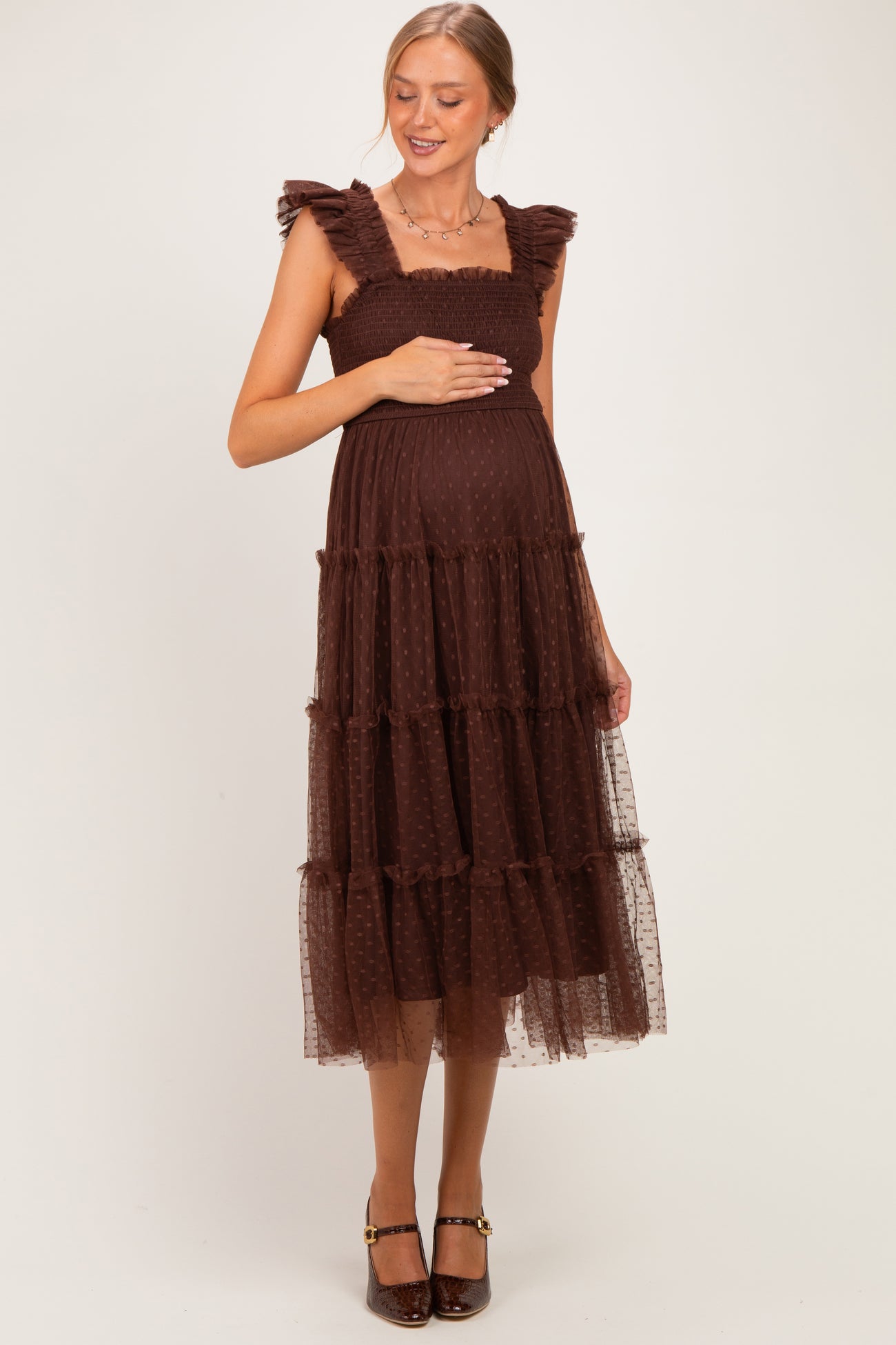 Brown Smocked Polka Dot Tulle Maternity Midi Dress
