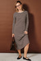 Brown Striped Crew Neck Long Sleeve Midi Dress