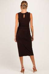 Dark Brown Sleeveless Side Knot Maternity Midi Dress