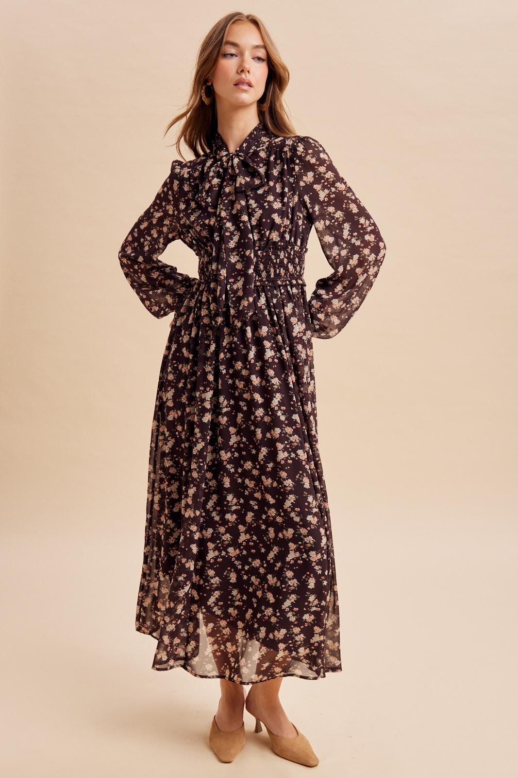Burnt Mocha Floral Tie Neck Maternity Maxi Dress
