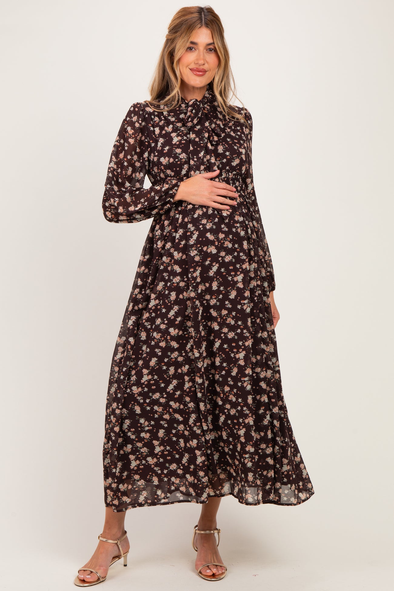 Burnt Mocha Floral Tie Neck Maternity Maxi Dress
