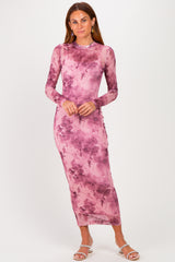 Light Pink Floral Mesh Long Sleeve Maternity Midi Dress
