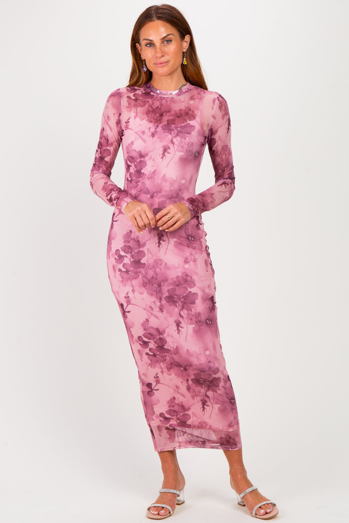Light Pink Floral Mesh Long Sleeve Maternity Midi Dress