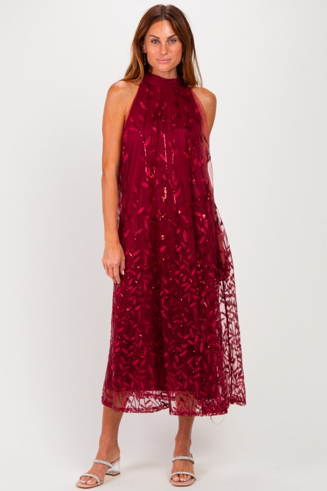 Burgundy Sequin Embroidered Halter Neck Maternity Midi Dress