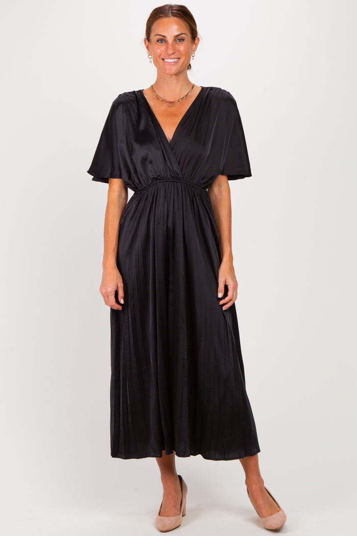 Black V-Neck Satin Pleated Maternity Midi Dress